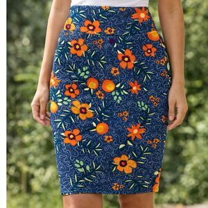 LuLaRoe Cassie Pencil Skirt S Blue Orange Floral Stretch Knee Length NWT